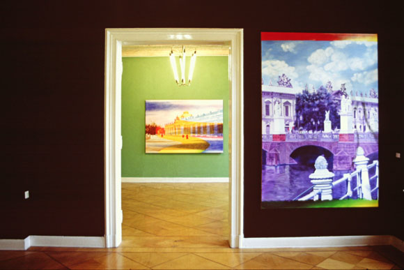 Schwarzer Raum mit Zeughaus (220x150cm) und Blick ins grüne Zimmer mit Sanssouci (150x220cm)